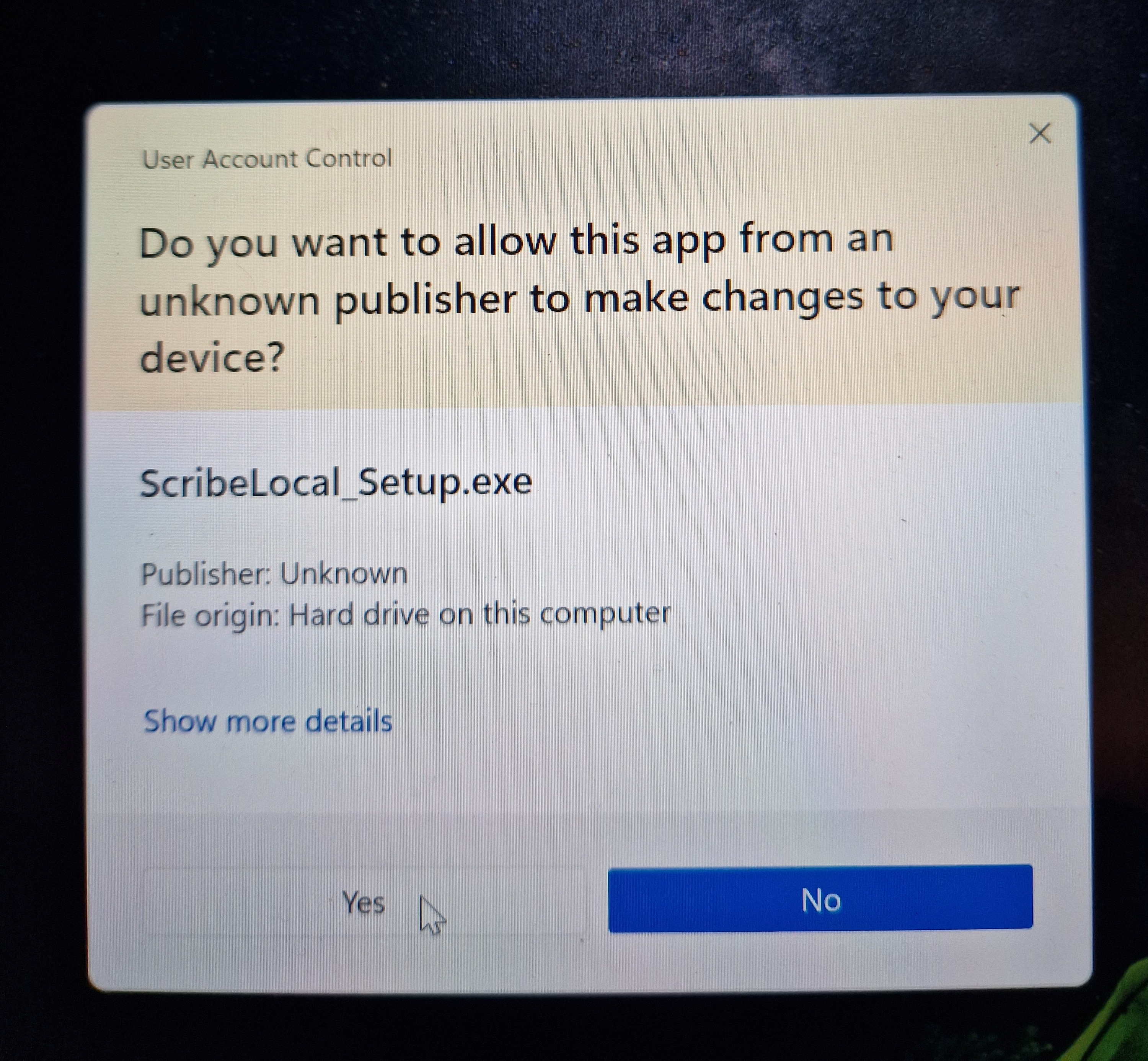 User Account Control prompt