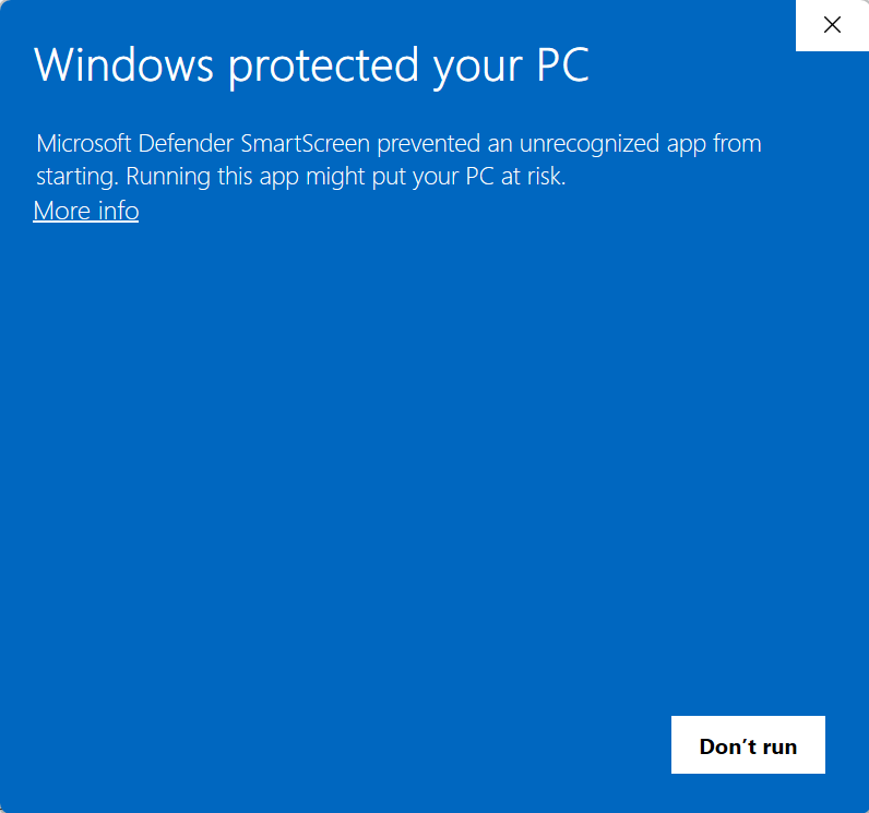 Windows SmartScreen warning with More info option