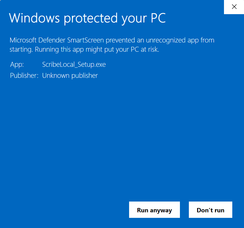 Windows SmartScreen warning with Run anyway option